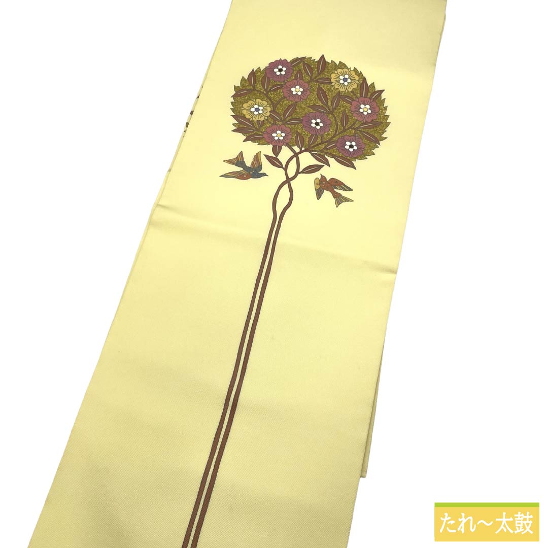 名古屋帯 正絹 Aランク 名古屋仕立て 淡黄檗色(うすきはだいろ) 作家物 塩瀬 しつけ付き 帯丈365cm ポイント柄 カジュアル 黄系 1124012593323
