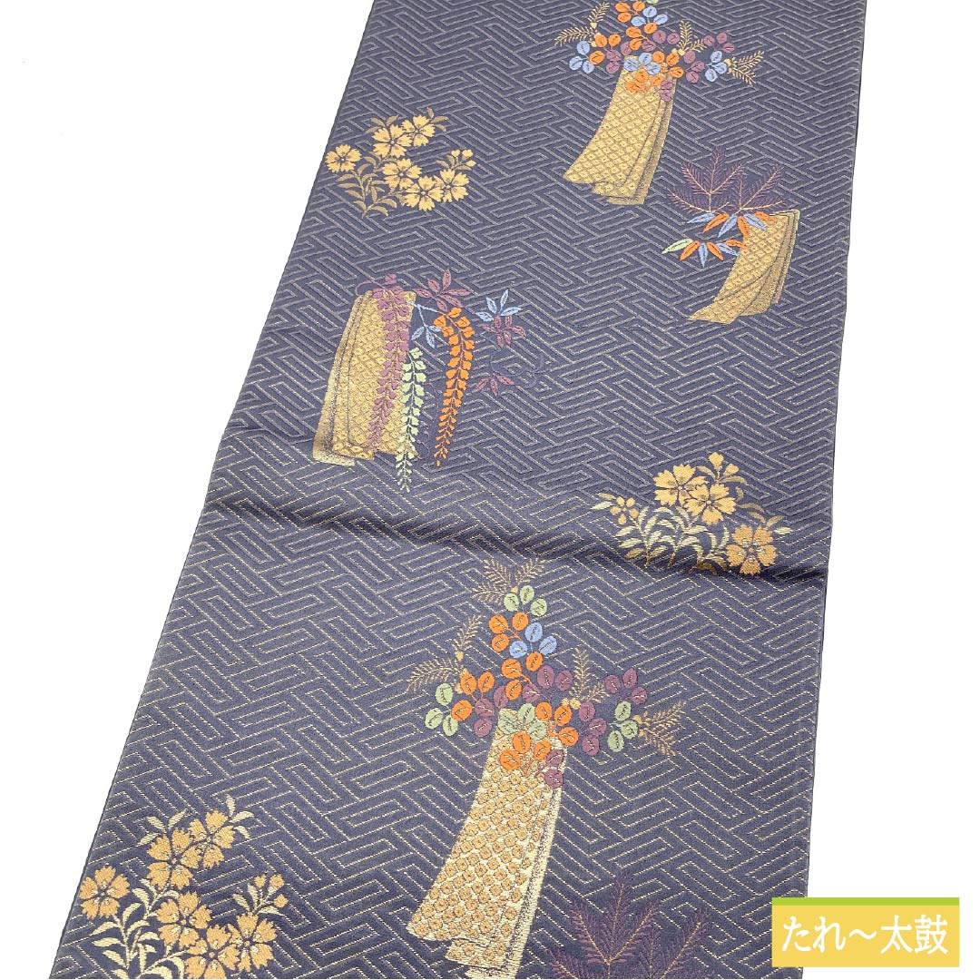袋帯 正絹 鳩羽紫色(はとばむらさき)いろ 西陣織 秋草 藤 萩 帯丈424cm Sランク 六通 セミフォーマル 紫系 1123012902320