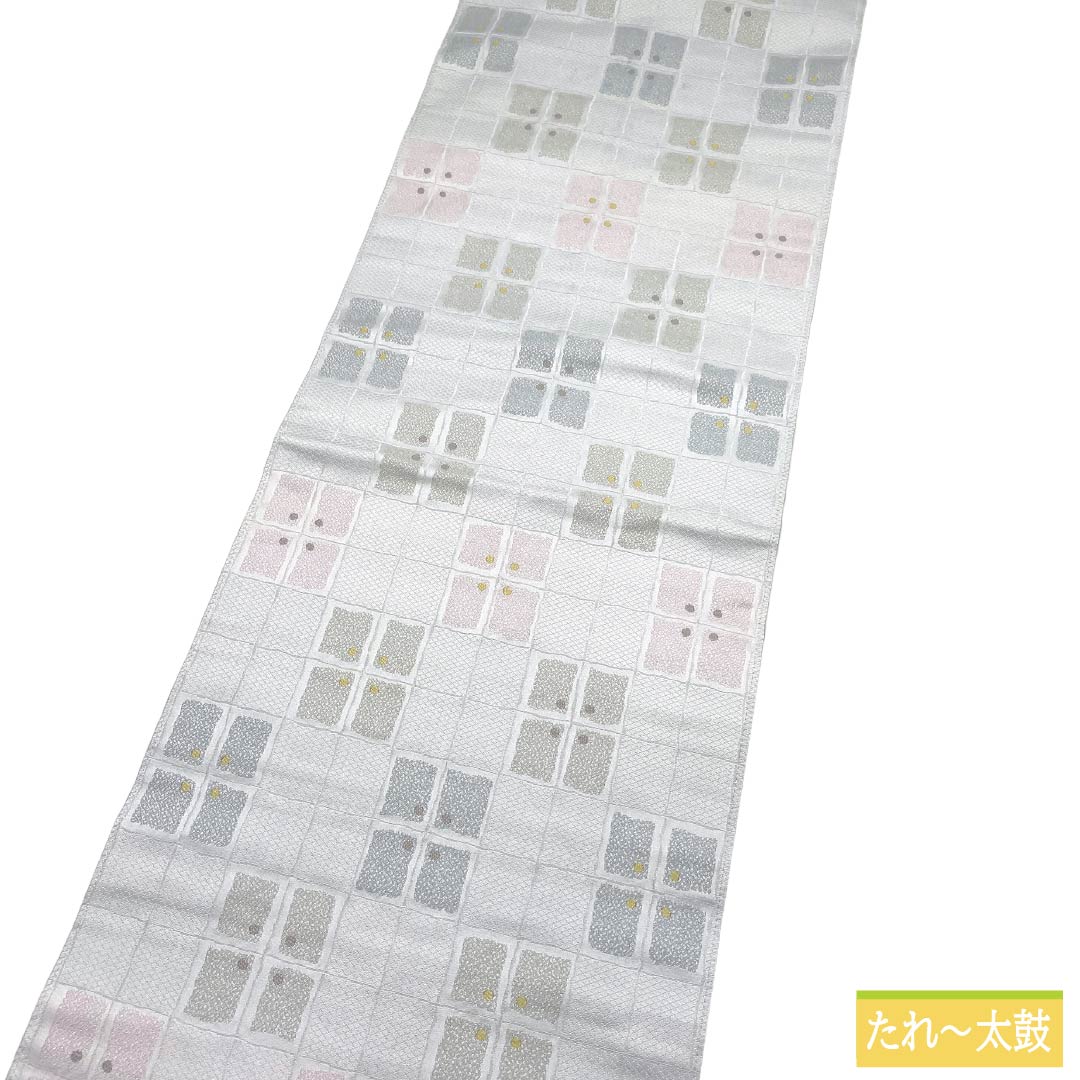名古屋帯 ポリエステル Aランク 開き仕立て 鉛白色(えんぱくいろ) 市松 抽象柄 帯丈386cm 全通 カジュアル グレー系 1124013813422