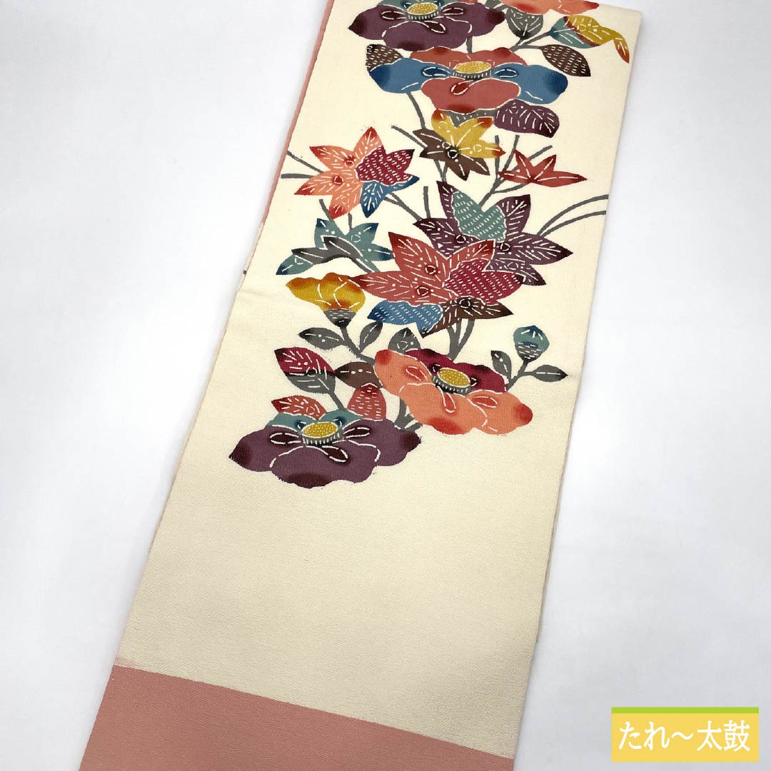 (京袋帯)名古屋帯 正絹 Aランク 乳白色(にゅうはくしょく) 京紅型 東雲色(しののめいろ) 花柄 帯丈345cm 六通 カジュアル 白系 1124011073311 名古屋仕立て