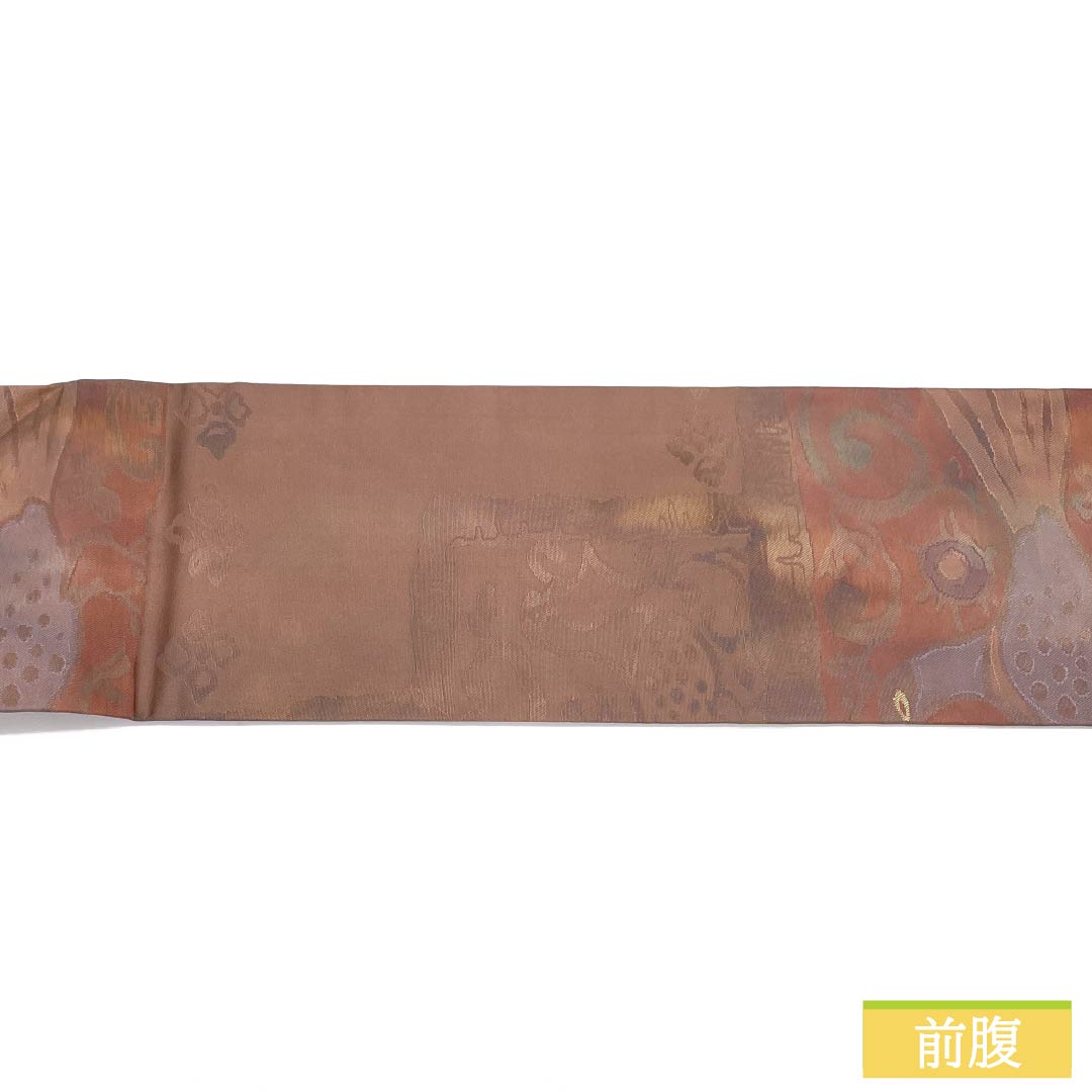 Nagoya Obi Silk A Rank Fushi-iro (Brownish Gray) Abstract Bird Pattern Obi Length 352cm Rokutsu Semi-Formal Brown 1124011353314 Nagoya-Style Finish
