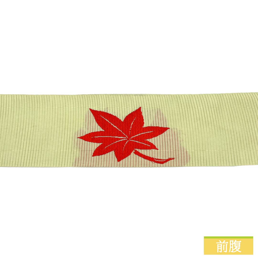 名古屋帯 正絹 Aランク 名古屋仕立て 若芽色(わかめいろ) 夏帯 古典柄 紅葉 帯丈334cm ポイント柄 セミフォーマル 緑系 1124013033319