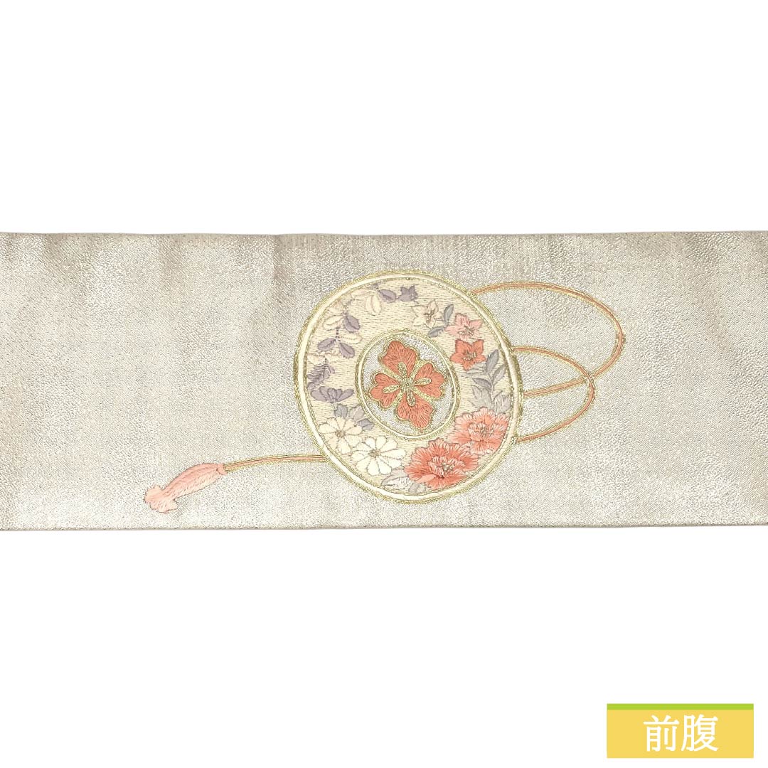 名古屋帯 正絹 Aランク 名古屋仕立て 銀色(ぎんいろ) 蘇州刺繍 古典柄 鼓 帯丈358cm ポイント柄 セミフォーマル 銀系 1124012623322