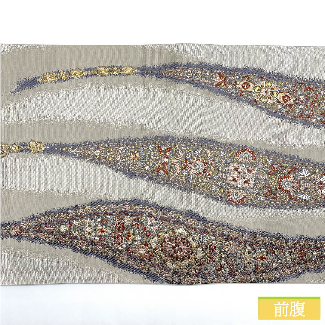 Fukuro Obi (Sash) - Pure Silk, Silver (Gin-iro) - Nishijin Weave - Kano Yuki - Paisley Pattern - Obi Length: 442cm - S Rank - Six-way - Semi-formal - Silver 1123012922322