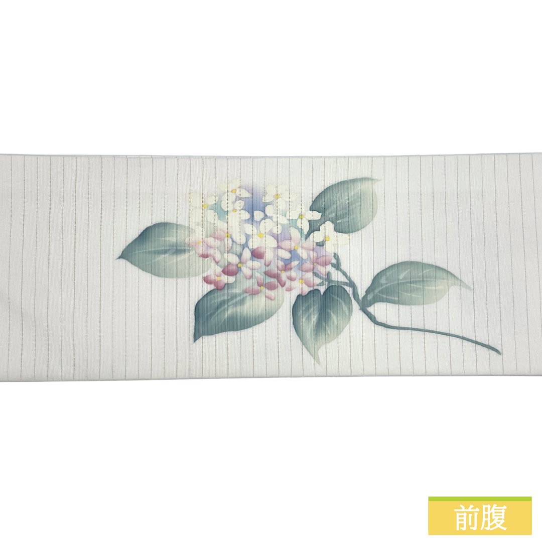 名古屋帯 ポリエステル Aランク 名古屋仕立て 白色(しろいろ) 紫陽花 夏帯 長尺 帯丈380cm ポイント柄 カジュアル 白系 1124013223411