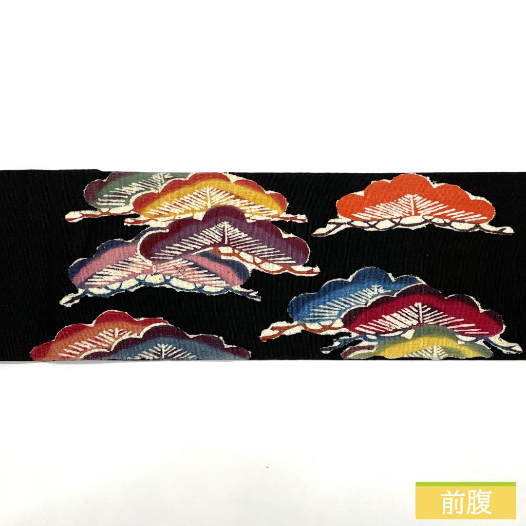 (京袋帯)名古屋帯 正絹 Aランク 黒色 型染 松 古典柄 帯丈356cm ポイント柄 カジュアル 黒系 1124011103310 名古屋仕立て