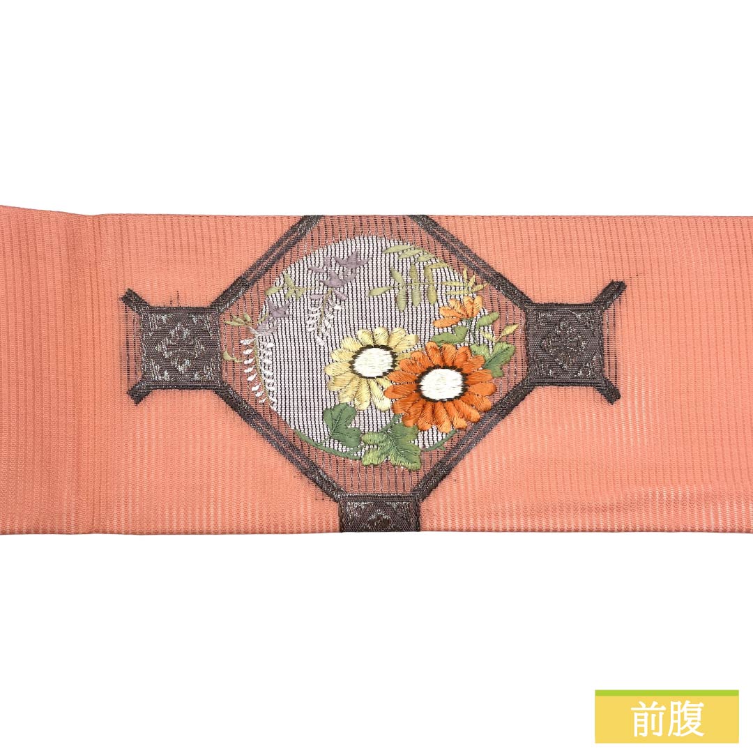 名古屋帯 ポリエステル Sランク 名古屋仕立て 古典柄 丸に花 菱型 夏帯 帯丈361cm ポイント柄 セミフォーマル ピンク系 1124013312313