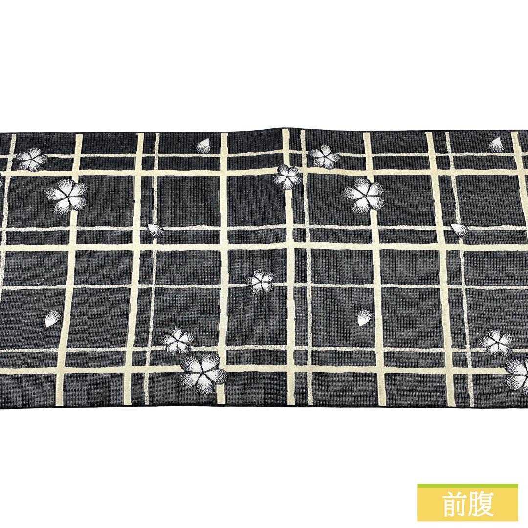 (京袋帯)名古屋帯 ポリエステル Sランク 京袋帯 黒色(くろいろ) 京袋帯 格子 桜 帯丈376cm 全通 カジュアル 黒系 1124013472310