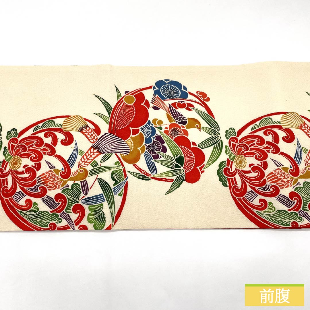 名古屋帯 正絹 Bランク 乳白色(にゅうはくしょく)) 京紅型 花 古典柄 帯丈363cm 全通 カジュアル 白系 1124011224311 松葉仕立て