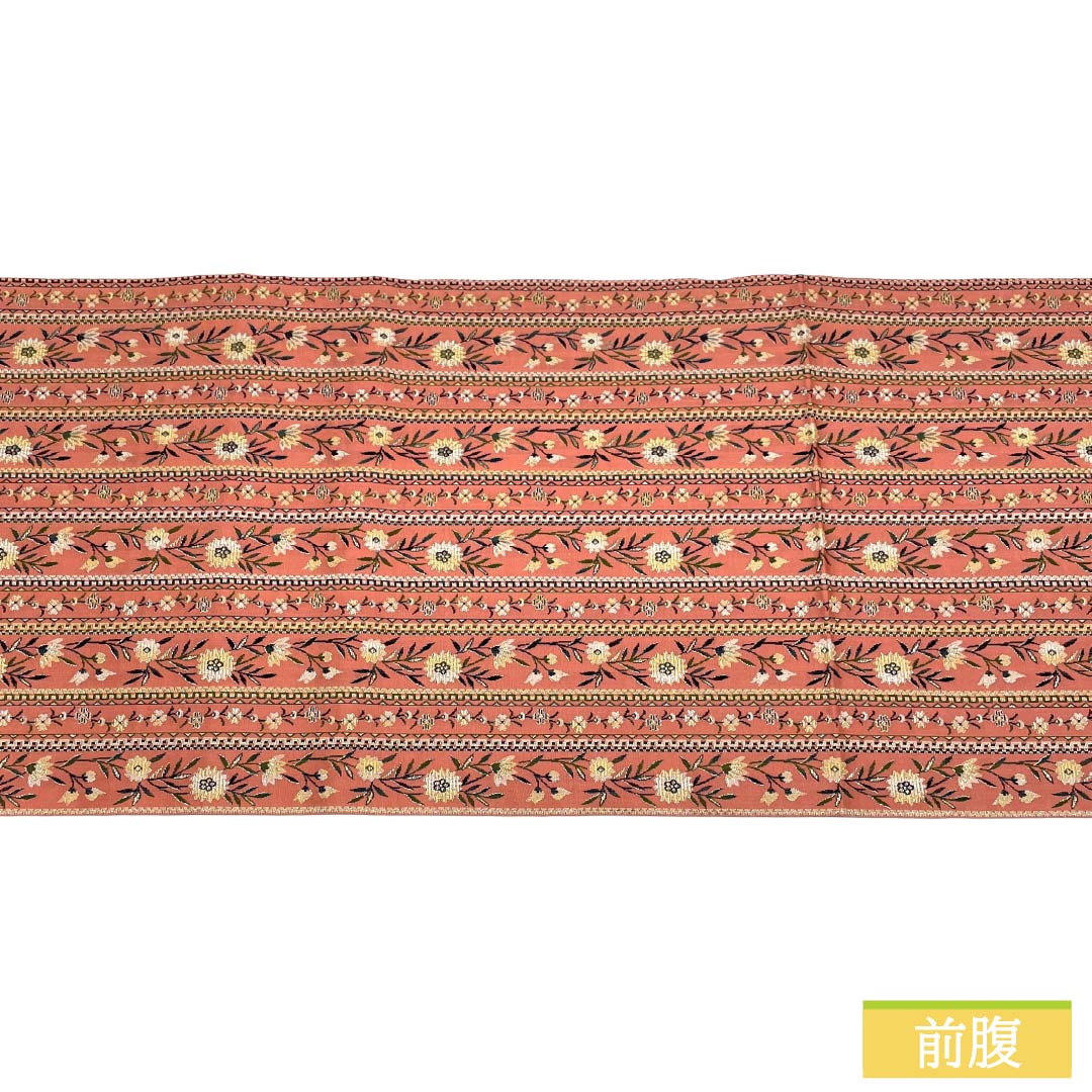 名古屋帯 正絹 Sランク 松葉仕立て 紅梅色(こうばいいろ) 縞 小花柄 帯丈330cm 全通 カジュアル ピンク系 1124012362313