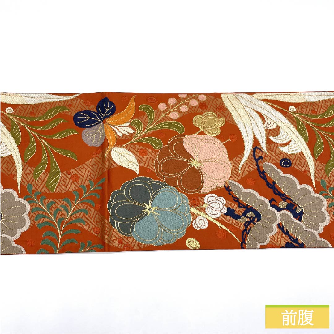 A-Rank Pure Silk Obi in Red, Nishijin-ori by Hakuayaen Oba, featuring auspicious motifs, 428cm long, six-pass obi, formal, vermilion, Item Number: 1123015903316