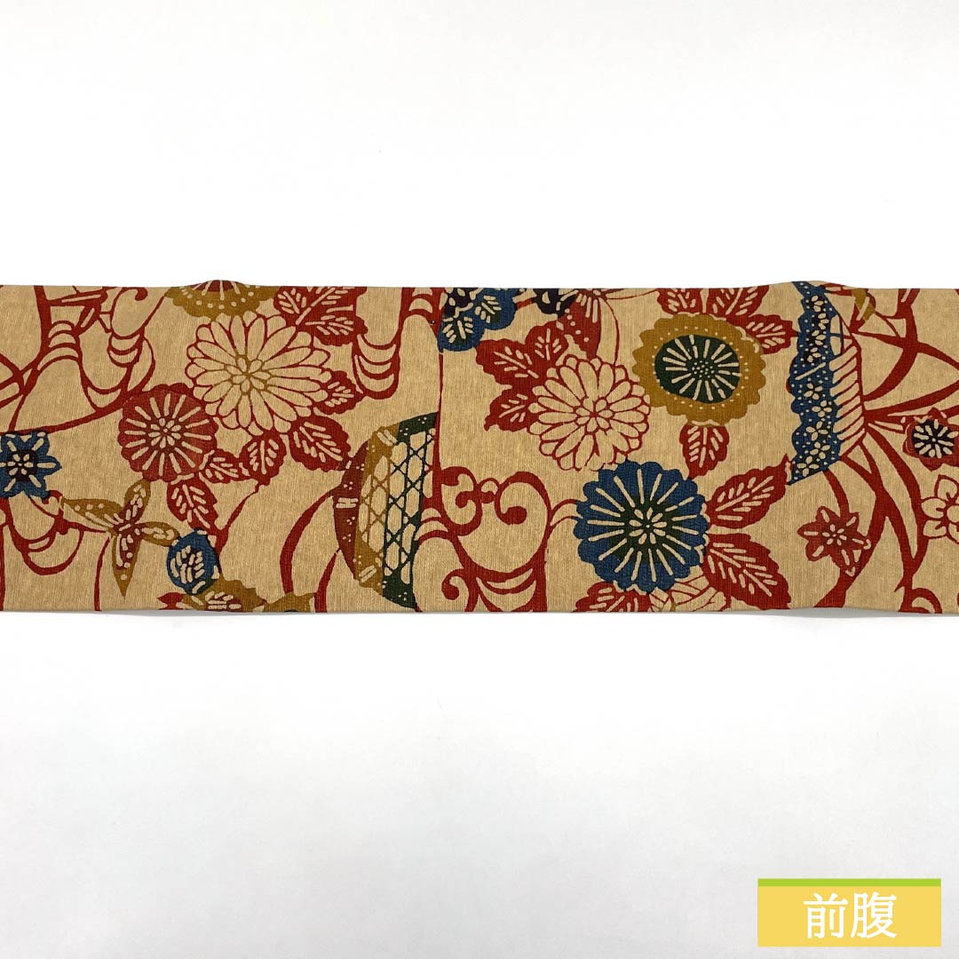 (京袋帯)名古屋帯 正絹 Aランク 丁子色(ちょうじいろ) 京紅型 草花模様 古典柄 帯丈348cm 六通 カジュアル ベージュ系 1124011123325 名古屋仕立て