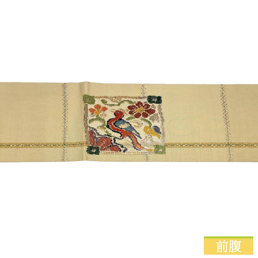 名古屋帯 正絹 Sランク 名古屋仕立て 桑色白茶色(くわいろしろちゃいろ) 格子 抽象柄 帯丈362cm ポイント柄 セミフォーマル ベージュ系 1124012242325