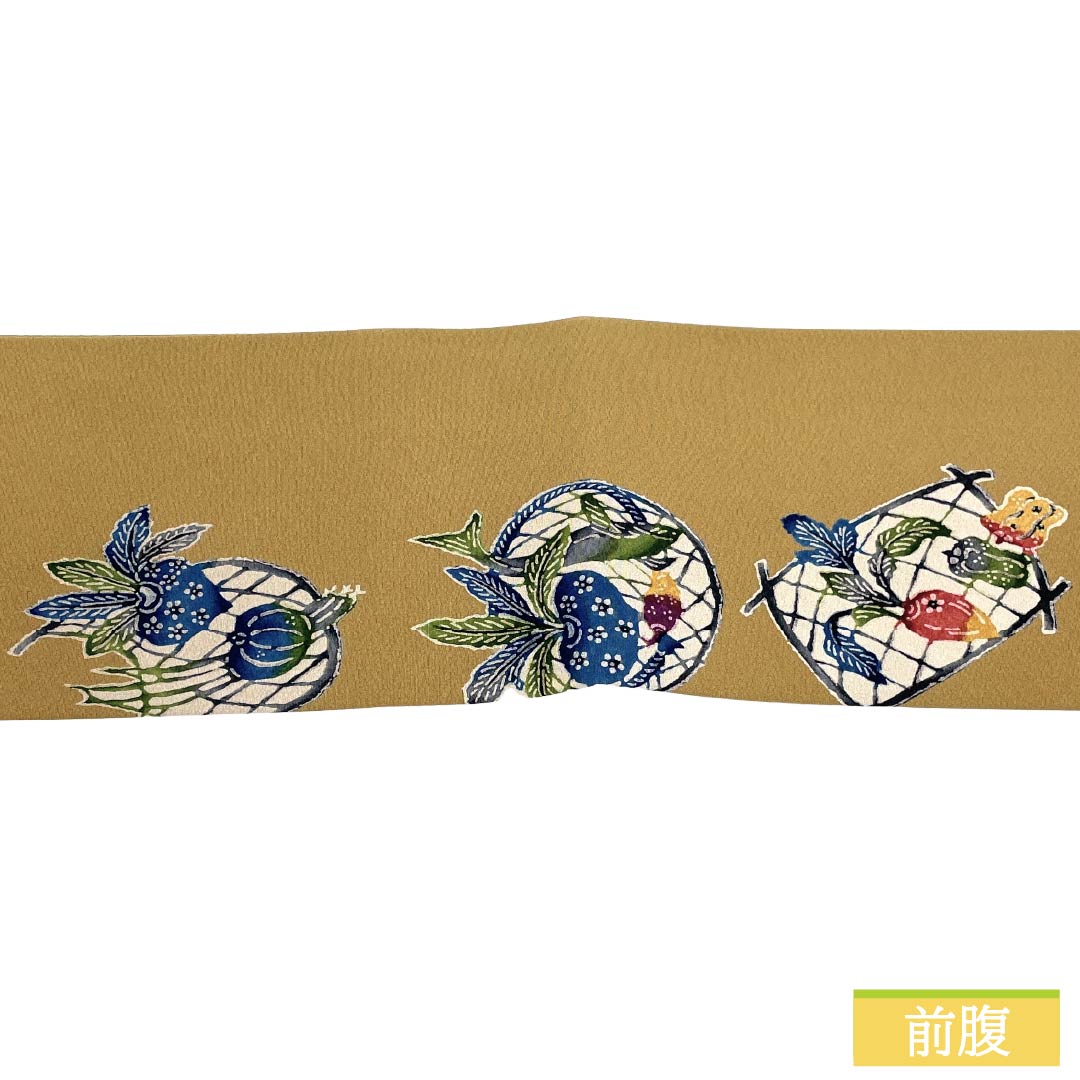 名古屋帯 正絹 Aランク 名古屋仕立て 胡桃色(くるみいろ) 型染 古典柄 野菜 帯丈362cm 全通 カジュアル ベージュ系 1124012123325