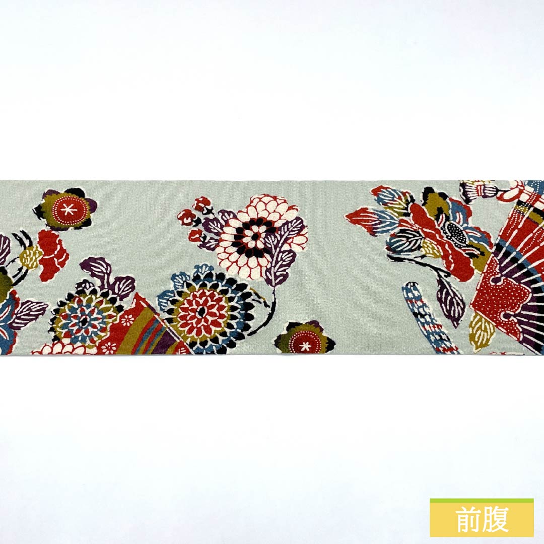 名古屋帯 正絹 Aランク 青白磁色(せいはくじいろ) 型染 扇 花 帯丈350cm 全通 カジュアル 水色系 1124011573324 名古屋仕立て