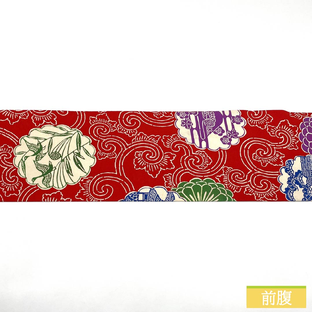 Nagoya Obi, Pure Silk, A Rank, Turkish Red, Stenciled, Classic Pattern, Flower Wreath, Obi Length 367cm, Rokutsu, Casual, Red Tones, 1124011423312, Nagoya Tailoring