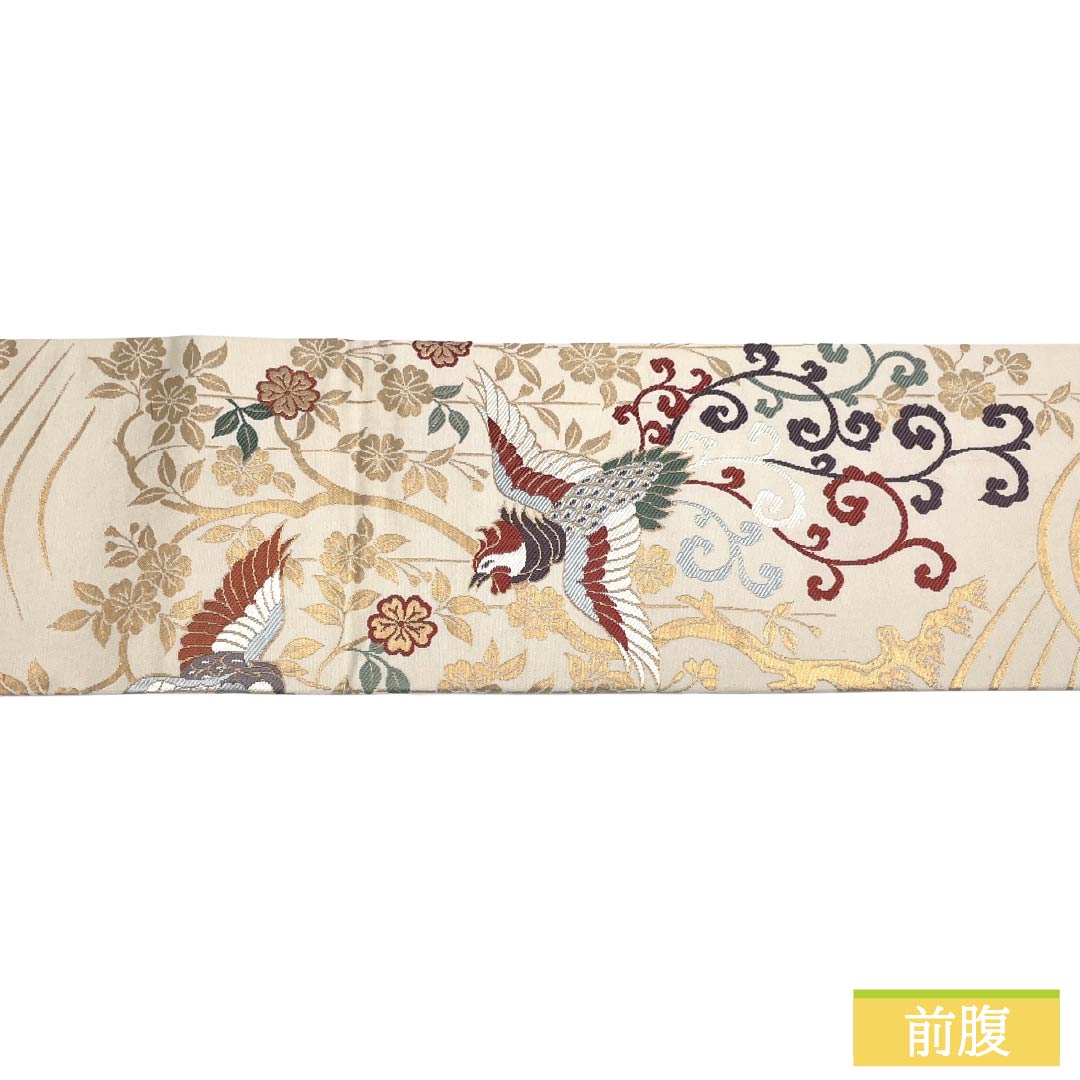 Nagoya obi, genuine silk, A-rank, Nagoya tailoring, milky white, Keicho pattern, classical pattern, obi length 358cm, six-panel, semi-formal, cream-colored, 1124011853315