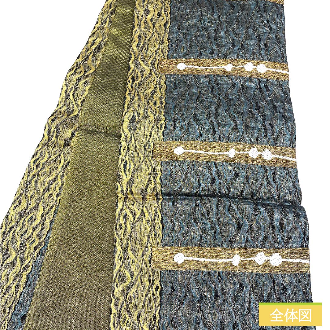 袋帯 正絹 碧色(へきしょく) 西陣織 櫛織 抽象模様 金糸 帯丈434cm Sランク 六通 セミフォーマル 緑系 1123012992319