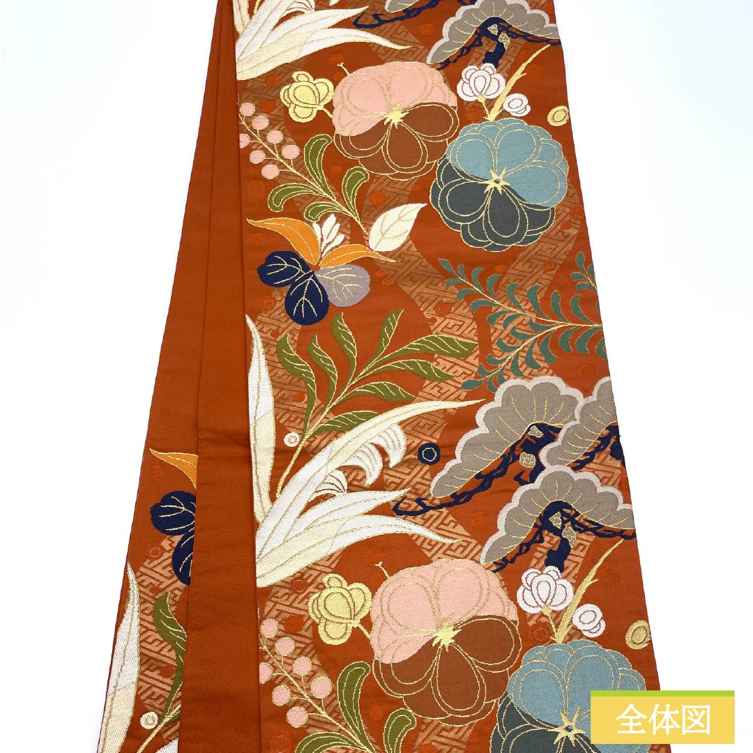 A-Rank Pure Silk Obi in Red, Nishijin-ori by Hakuayaen Oba, featuring auspicious motifs, 428cm long, six-pass obi, formal, vermilion, Item Number: 1123015903316