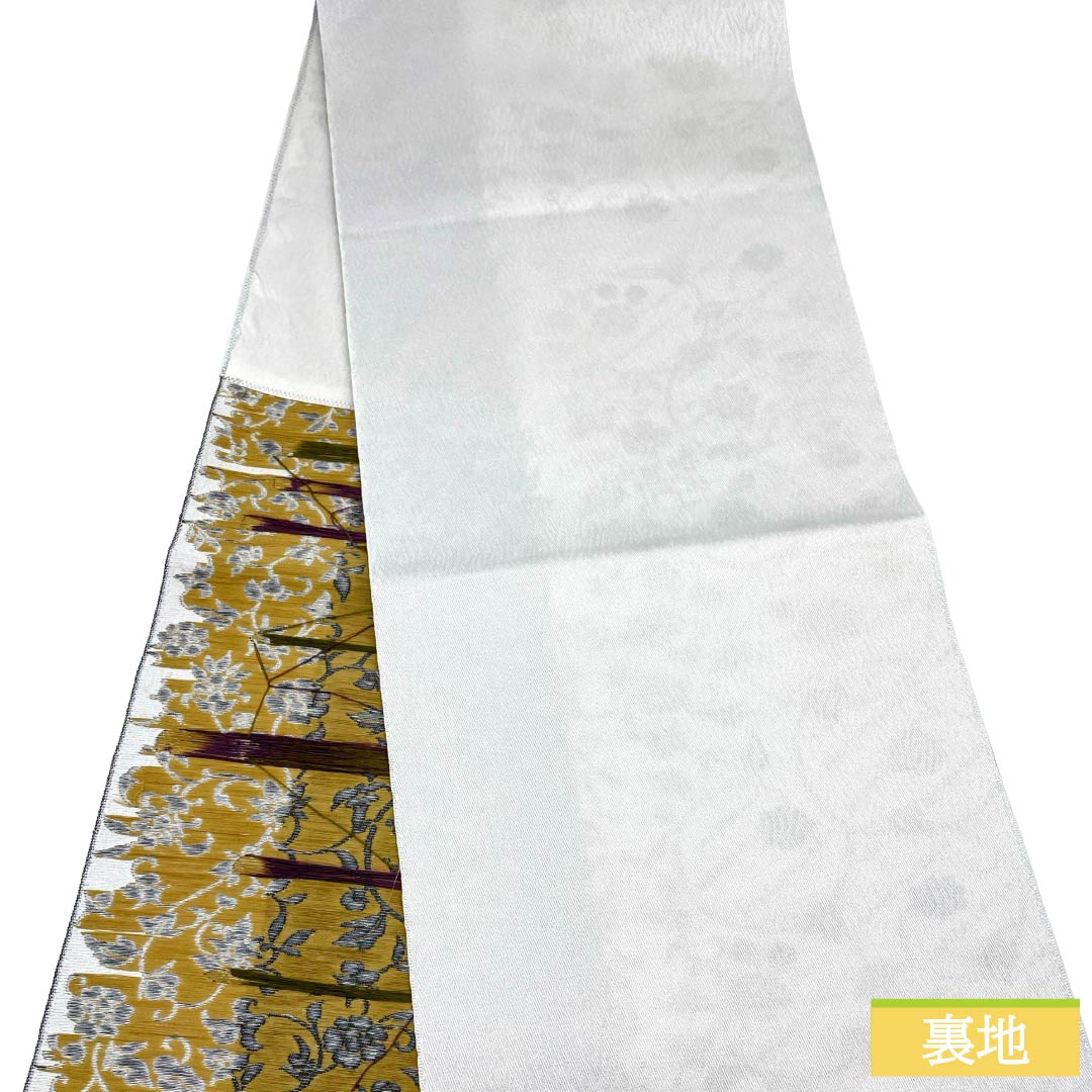 名古屋帯 ポリエステル Aランク 開き仕立て 唐草模様 帯丈376cm 六通 カジュアル 白系 1124013963311