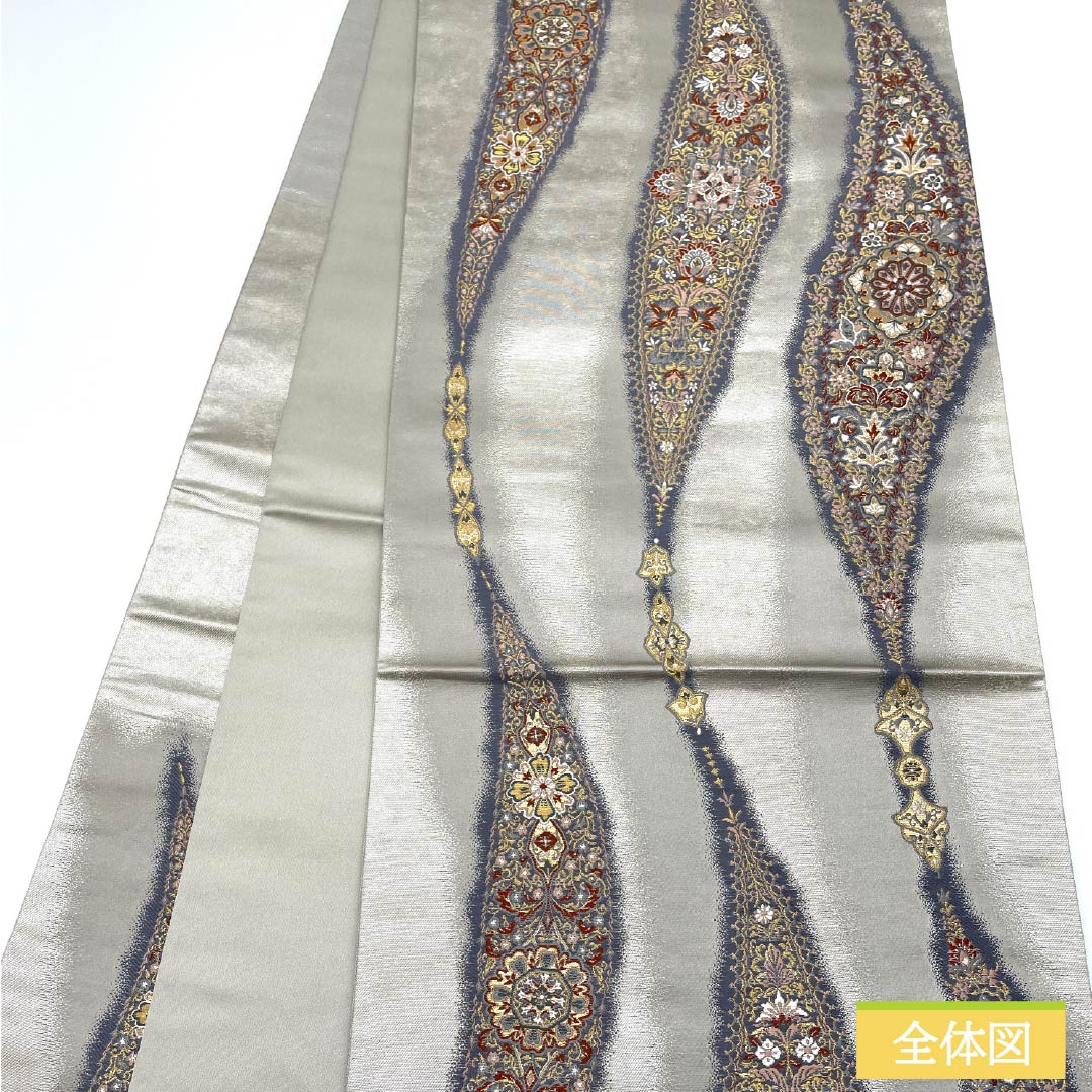 Fukuro Obi (Sash) - Pure Silk, Silver (Gin-iro) - Nishijin Weave - Kano Yuki - Paisley Pattern - Obi Length: 442cm - S Rank - Six-way - Semi-formal - Silver 1123012922322