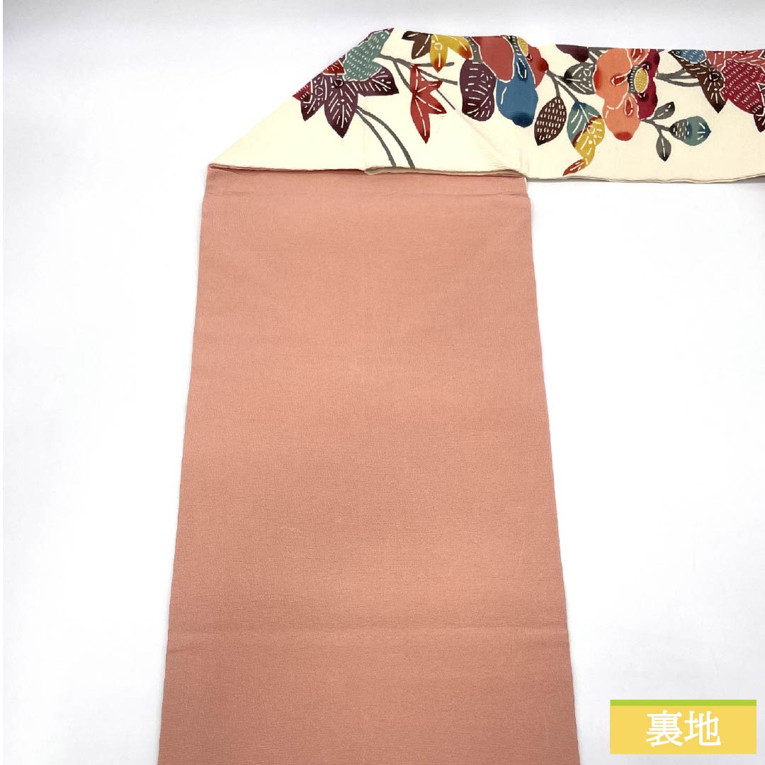 (京袋帯)名古屋帯 正絹 Aランク 乳白色(にゅうはくしょく) 京紅型 東雲色(しののめいろ) 花柄 帯丈345cm 六通 カジュアル 白系 1124011073311 名古屋仕立て