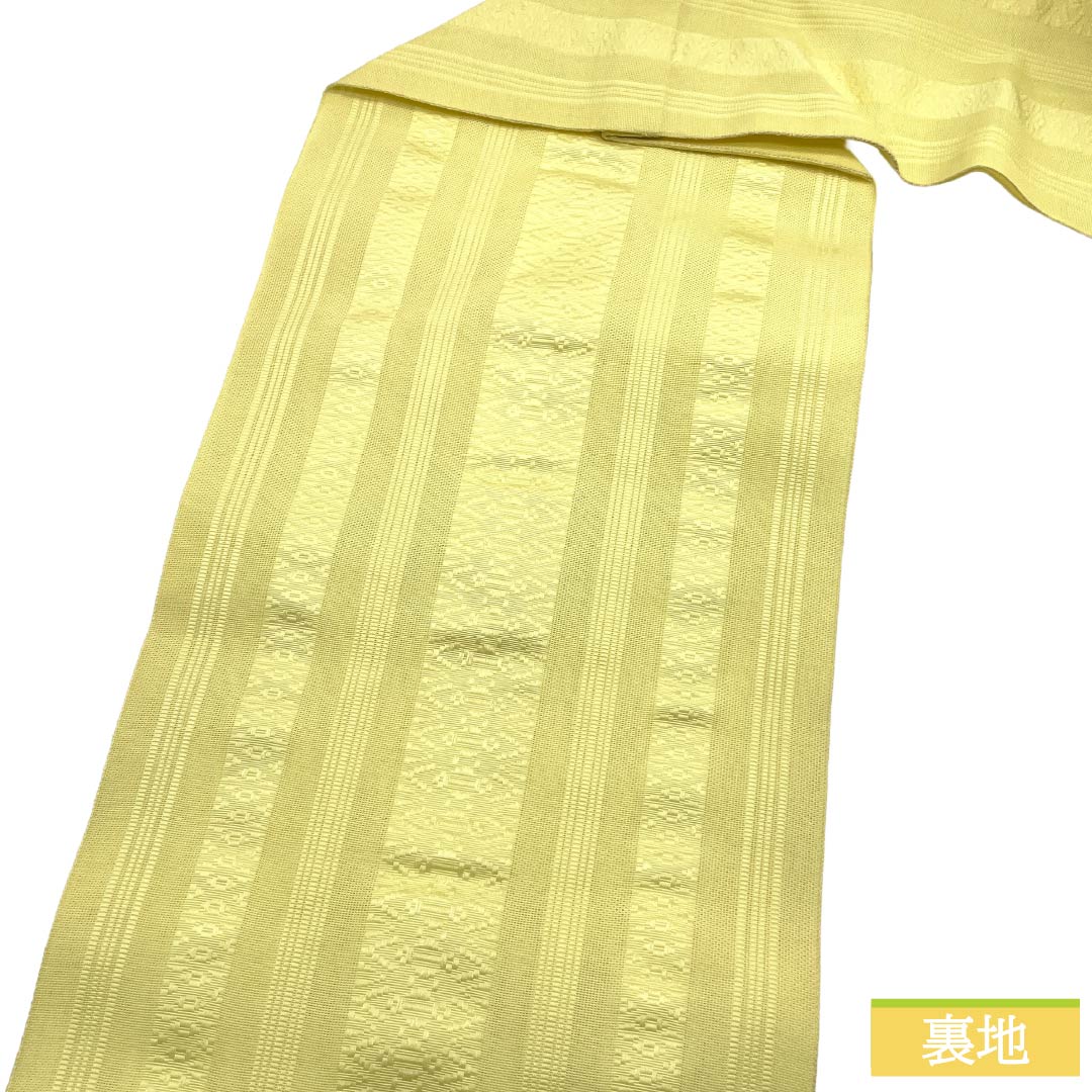 名古屋帯 ポリエステル Aランク 名古屋仕立て レモンイエロー 献上柄 夏帯 トンネル仕立て 帯丈367cm 全通 カジュアル 黄系 1124013283323