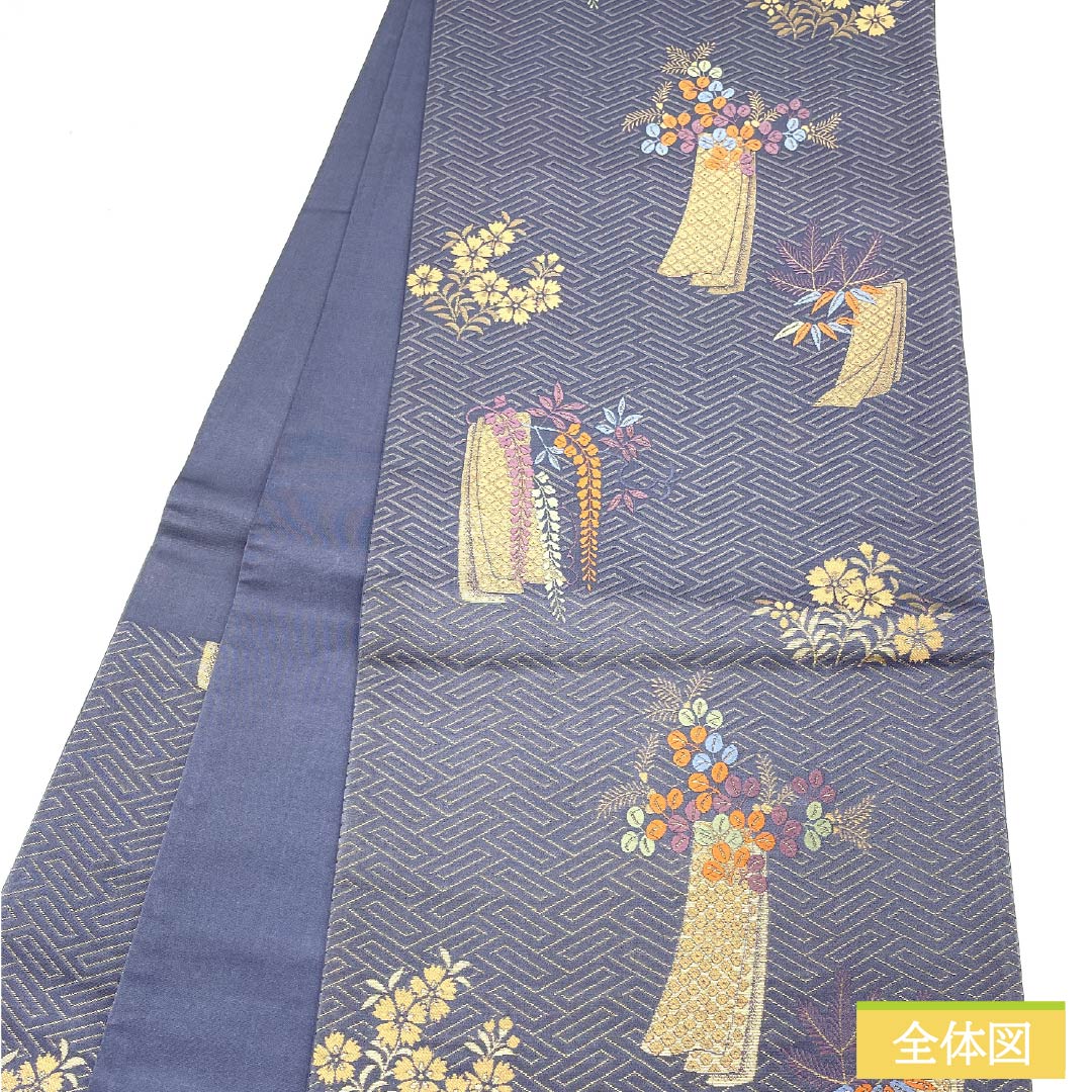 袋帯 正絹 鳩羽紫色(はとばむらさき)いろ 西陣織 秋草 藤 萩 帯丈424cm Sランク 六通 セミフォーマル 紫系 1123012902320