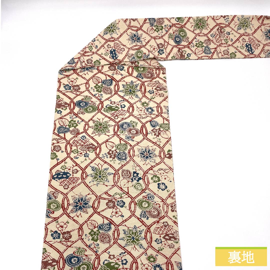 名古屋帯 正絹 Sランク 砥粉色(とのこいろ) 京紅型 立涌 植物模様 帯丈336cm 全通 カジュアル ベージュ系 1124011182325 名古屋仕立て