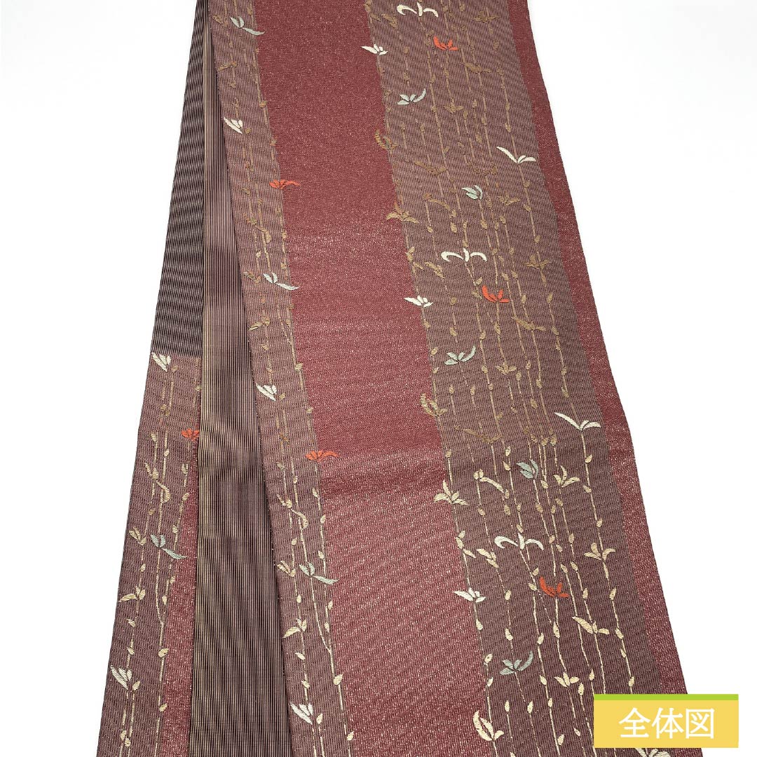 袋帯 正絹 Sランク 草花模様 西陣織 帯丈424cm 六通 カジュアル 紫系 1123015872320