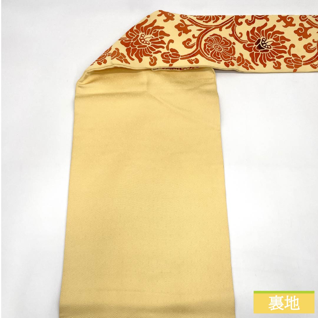 Nagoya Obi, genuine silk, A rank, Mitsudasou-iro (ocher yellow), stencil-dyed arabesque pattern, abstract floral pattern, obi length 358cm, partial pattern, casual, cream-colored, 1124011263315, Nagoya tailoring