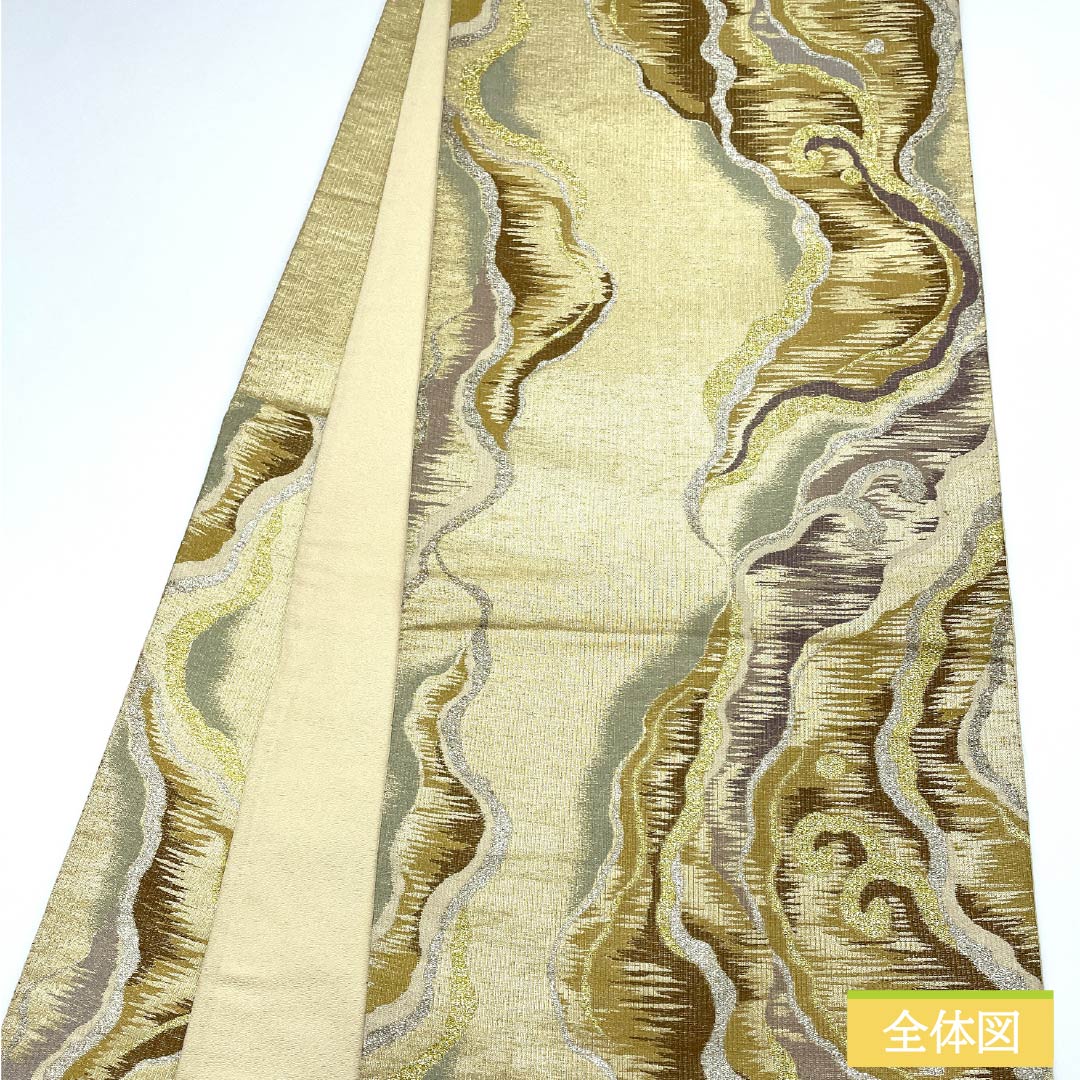 袋帯 正絹 金色(きんいろ) 西陣織 抽象模様 帯丈428cm Sランク 六通 セミフォーマル 金系 1123012932321