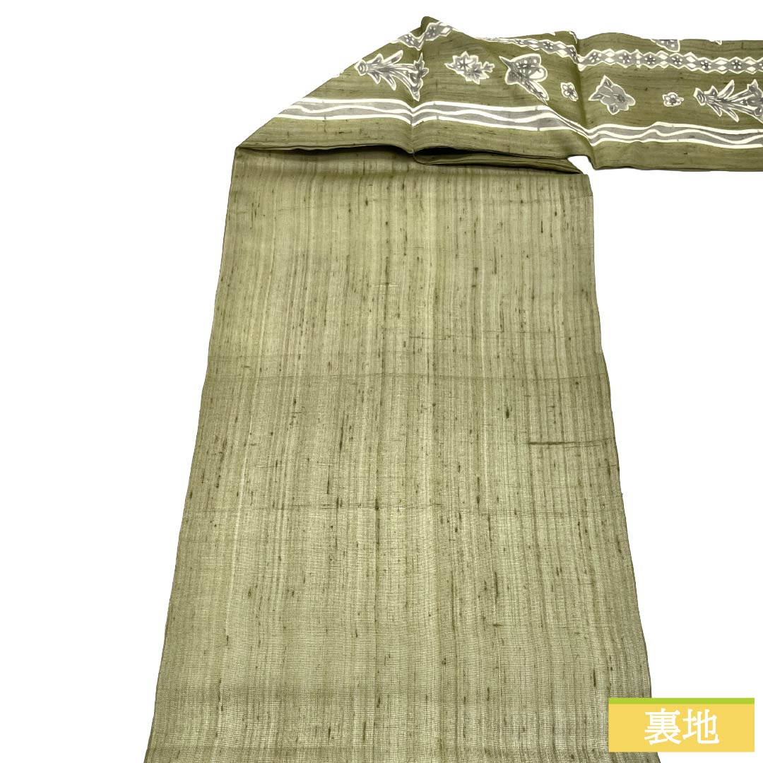 名古屋帯 正絹 Sランク 名古屋仕立て 璃寛茶色(りかんちゃいろ) 蝶 花 夏帯 帯丈374cm ポイント柄 カジュアル 緑系 1124013422319