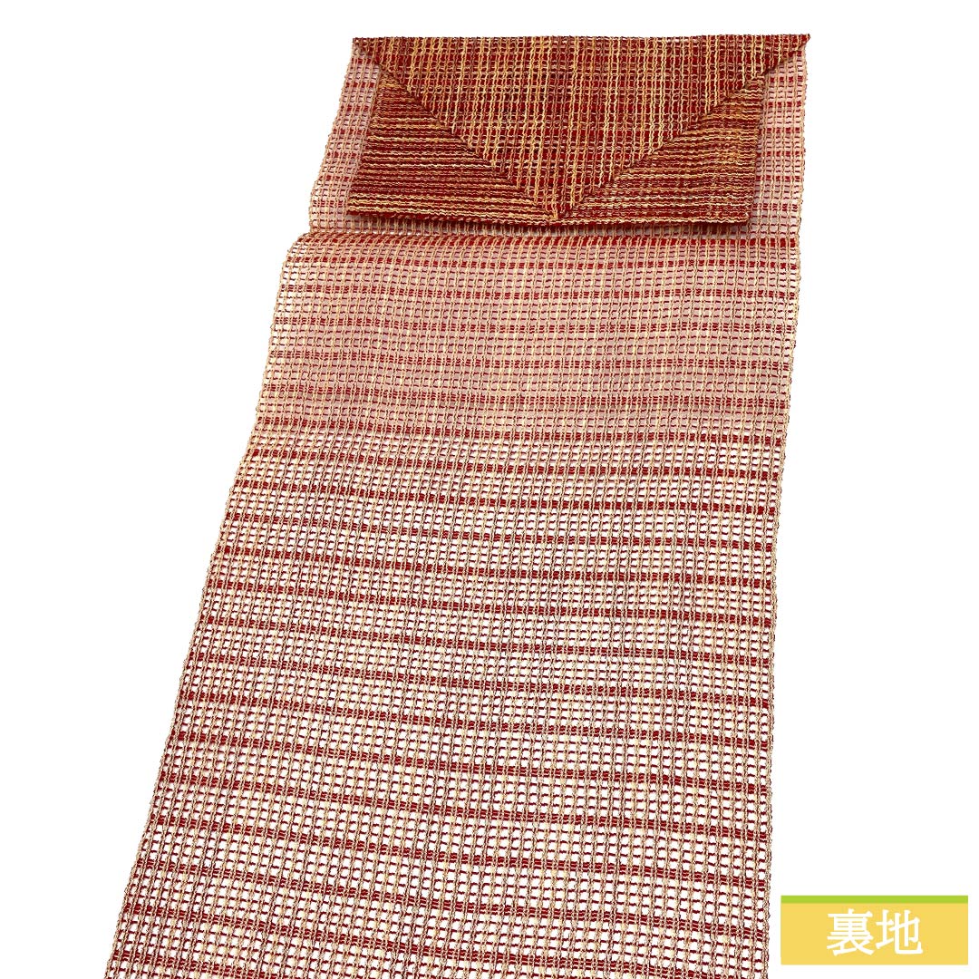 名古屋帯 正絹 Sランク 松葉仕立て 赤紅色(あかべにいろ) 夏帯 縞 トンネル仕立て 帯丈376cm 全通 カジュアル 赤系 1124012862312