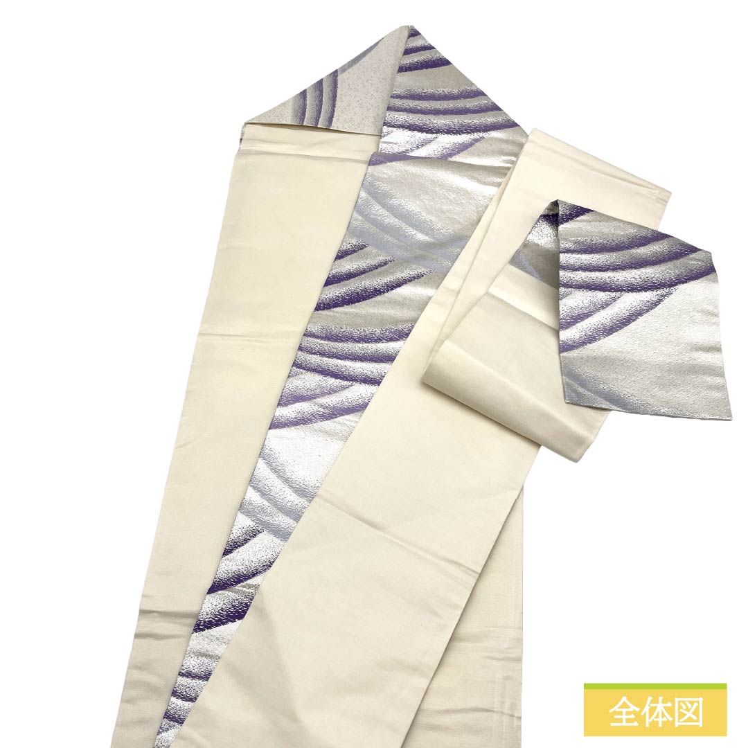 名古屋帯 正絹 Aランク 名古屋仕立て 銀色(ぎんいろ) 古典柄 波 寒色系 帯丈357cm 六通 セミフォーマル 銀系 1124012373322