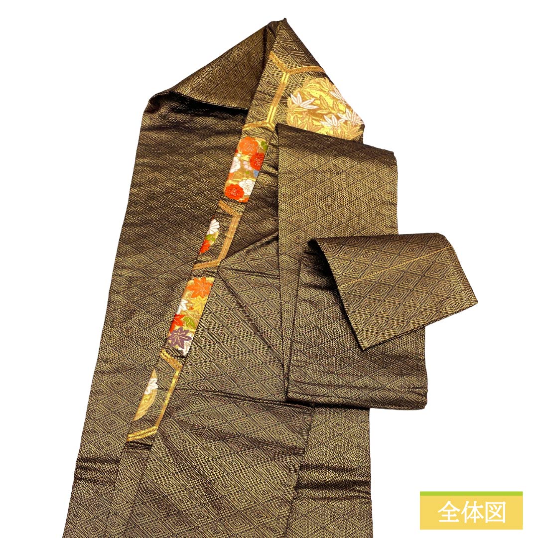 名古屋帯 正絹 Aランク 名古屋仕立て 金色(きんいろ) 佐賀錦 古典柄 亀甲 帯丈353cm ポイント柄 セミフォーマル 金系 1124012543321