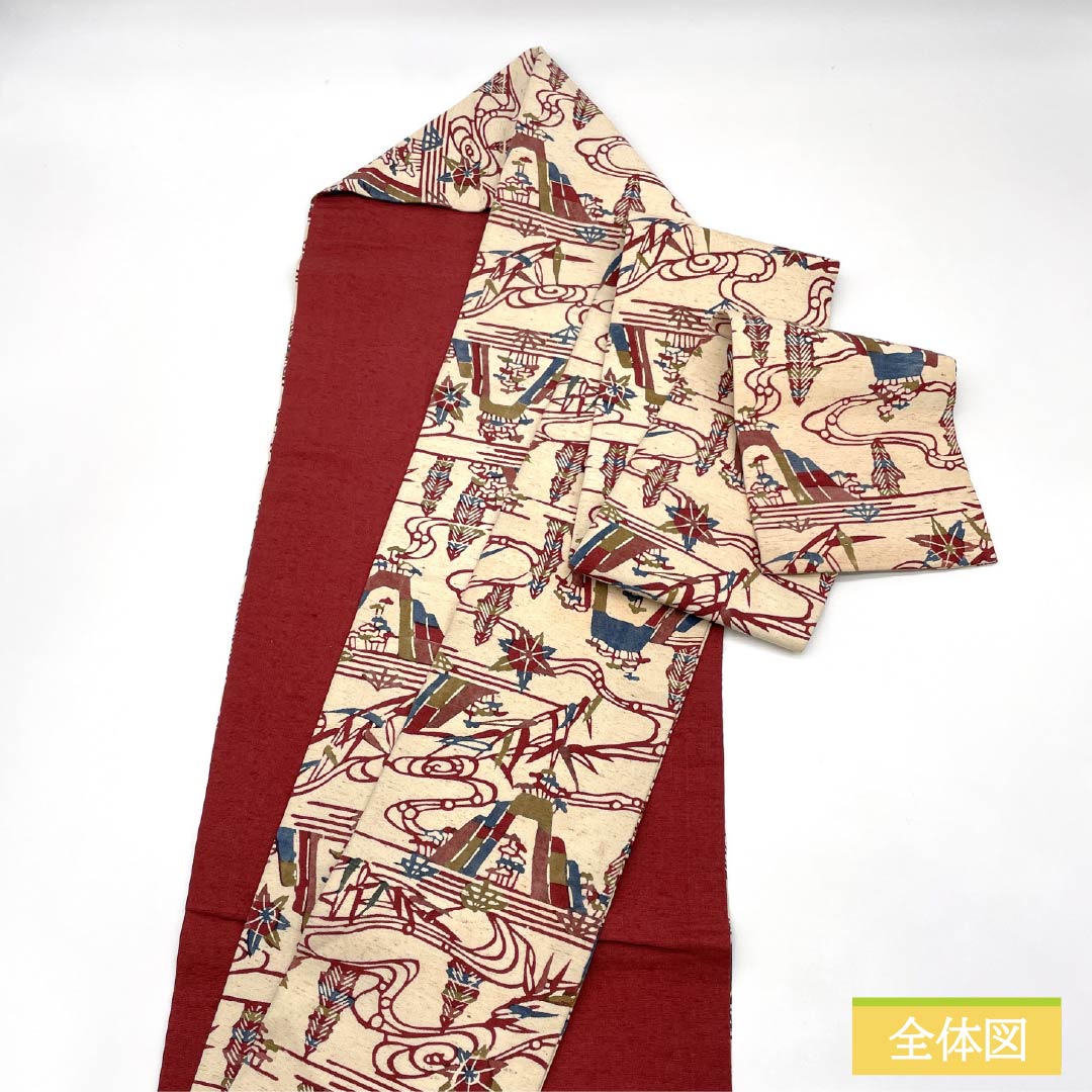 (京袋帯)名古屋帯 正絹 Aランク 練色(ねりいろ) 草木染 風景画 帯丈351cm ポイント柄 カジュアル ベージュ系 1124011113325 名古屋仕立て