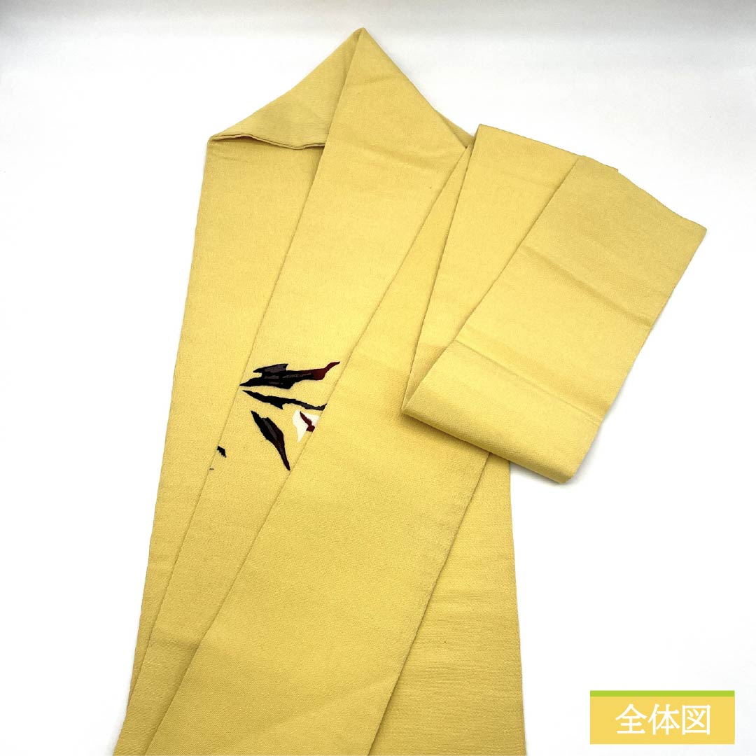 名古屋帯 正絹 Bランク 支子色(くちなしいろ) 染め帯 ちりめん地 抽象花模様 帯丈352cm ポイント柄 カジュアル 黄系 1124011514323 名古屋仕立て