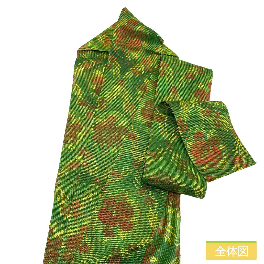 名古屋帯 正絹 Sランク 名古屋仕立て 次緑色(つぎのみどりいろ) 夏帯 草花模様 長尺 帯丈372cm 全通 カジュアル 緑系 1124012312319