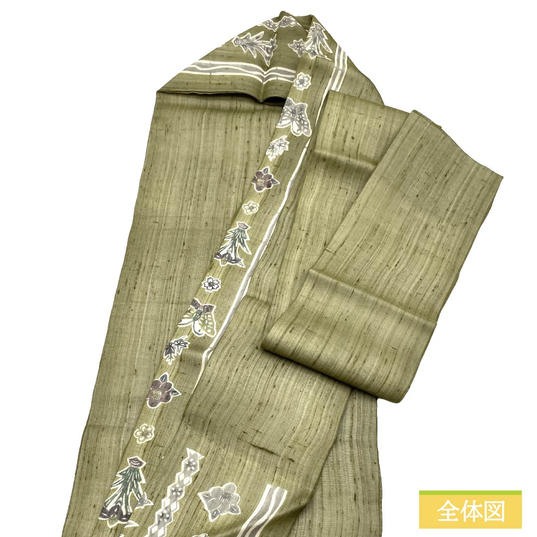 名古屋帯 正絹 Sランク 名古屋仕立て 璃寛茶色(りかんちゃいろ) 蝶 花 夏帯 帯丈374cm ポイント柄 カジュアル 緑系 1124013422319