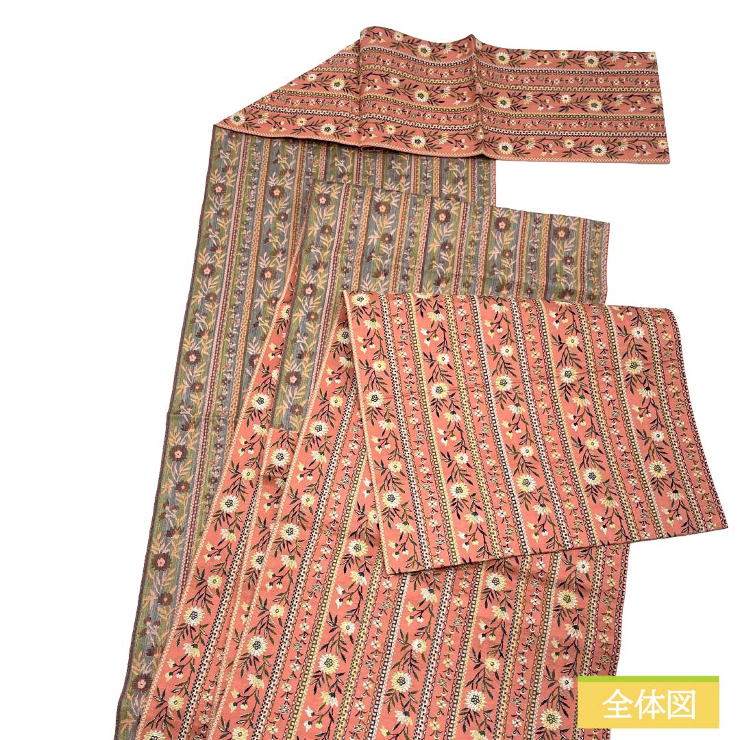 名古屋帯 正絹 Sランク 松葉仕立て 紅梅色(こうばいいろ) 縞 小花柄 帯丈330cm 全通 カジュアル ピンク系 1124012362313
