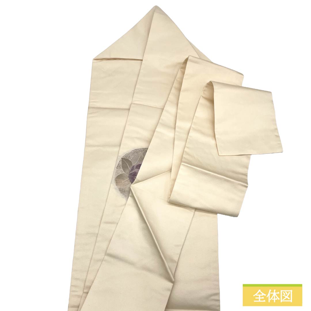 名古屋帯 正絹 Aランク 名古屋仕立て 生成り色(きなりいろ) 古典柄 丸に椿 帯丈358cm ポイント柄 セミフォーマル 白系 1124012673311