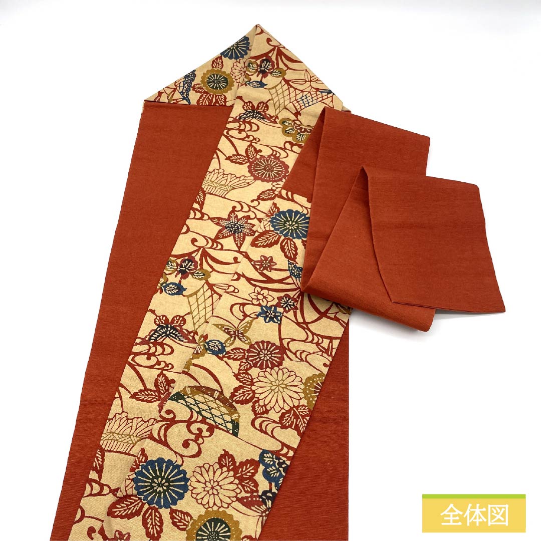 (京袋帯)名古屋帯 正絹 Aランク 丁子色(ちょうじいろ) 京紅型 草花模様 古典柄 帯丈348cm 六通 カジュアル ベージュ系 1124011123325 名古屋仕立て