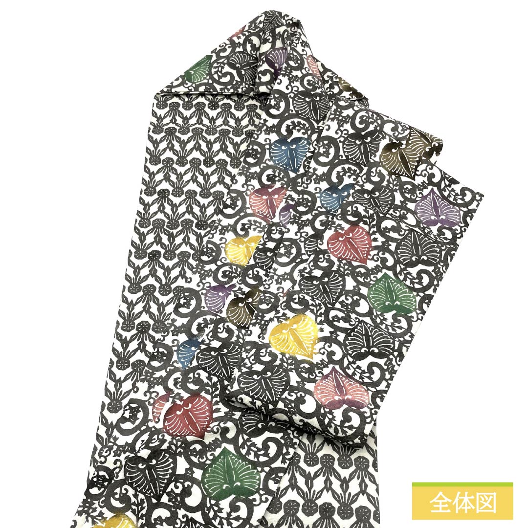 名古屋帯 正絹 Sランク 名古屋仕立て 白色(しろいろ) 消墨色(けしずみいろ) 葵 型染 帯丈372cm 全通 カジュアル 白系 1124013452311