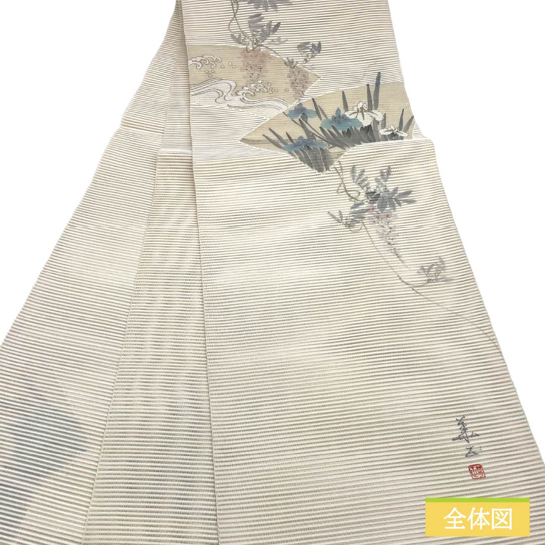 名古屋帯 正絹 Sランク 開き仕立て 乳白色(にゅうはくしょく) 扇 植物柄 夏帯 帯丈381cm ポイント柄 セミフォーマル 白系 1124013262411