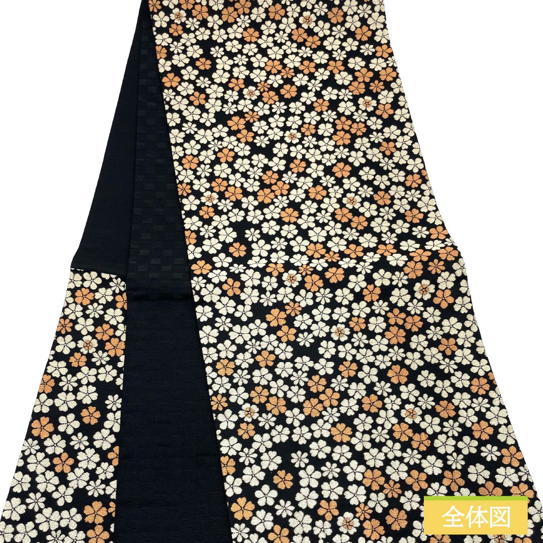 (京袋帯)名古屋帯 ポリエステル Aランク 京袋帯 京袋帯 小花 帯丈380cm 六通 カジュアル 黒系 1124013913410