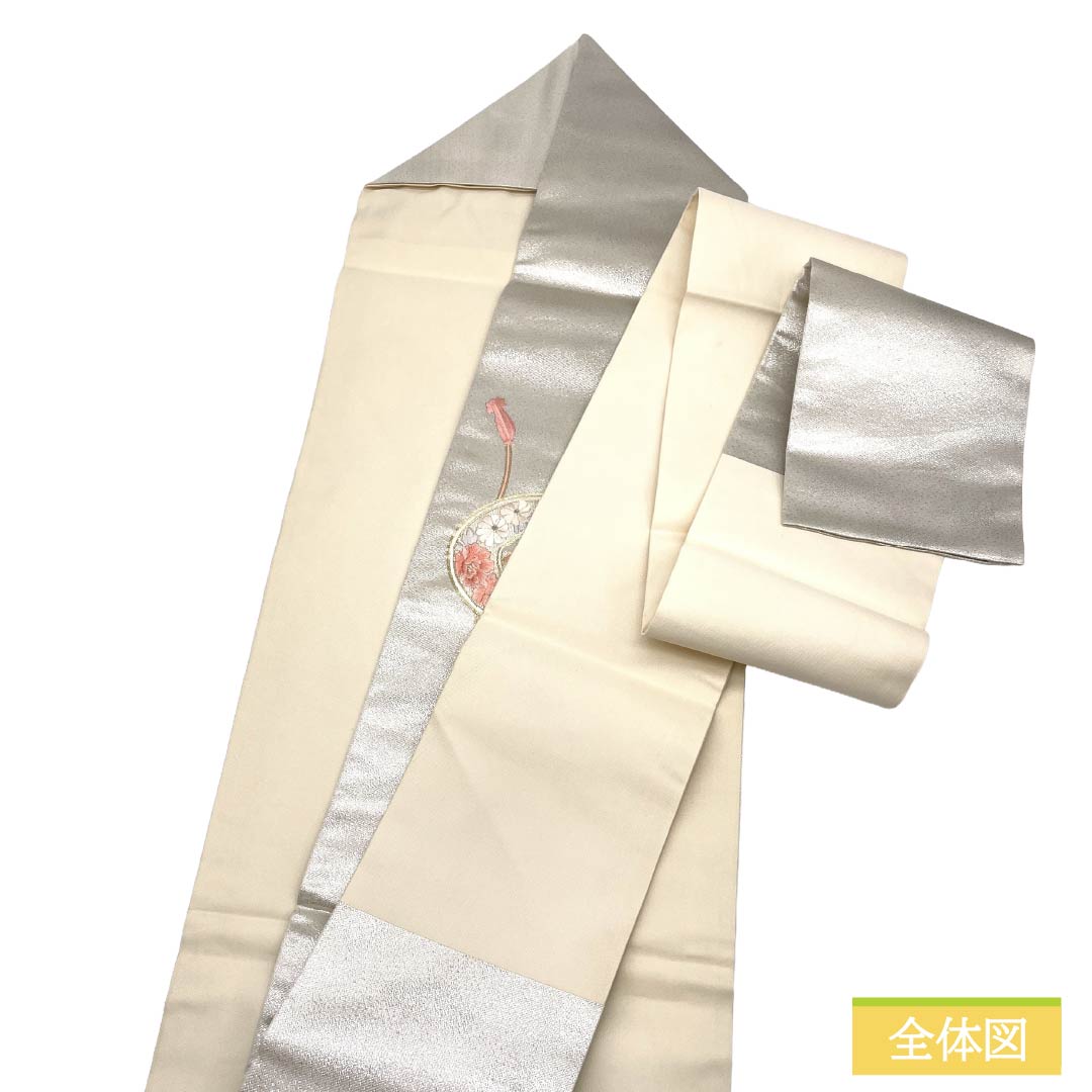 名古屋帯 正絹 Aランク 名古屋仕立て 銀色(ぎんいろ) 蘇州刺繍 古典柄 鼓 帯丈358cm ポイント柄 セミフォーマル 銀系 1124012623322