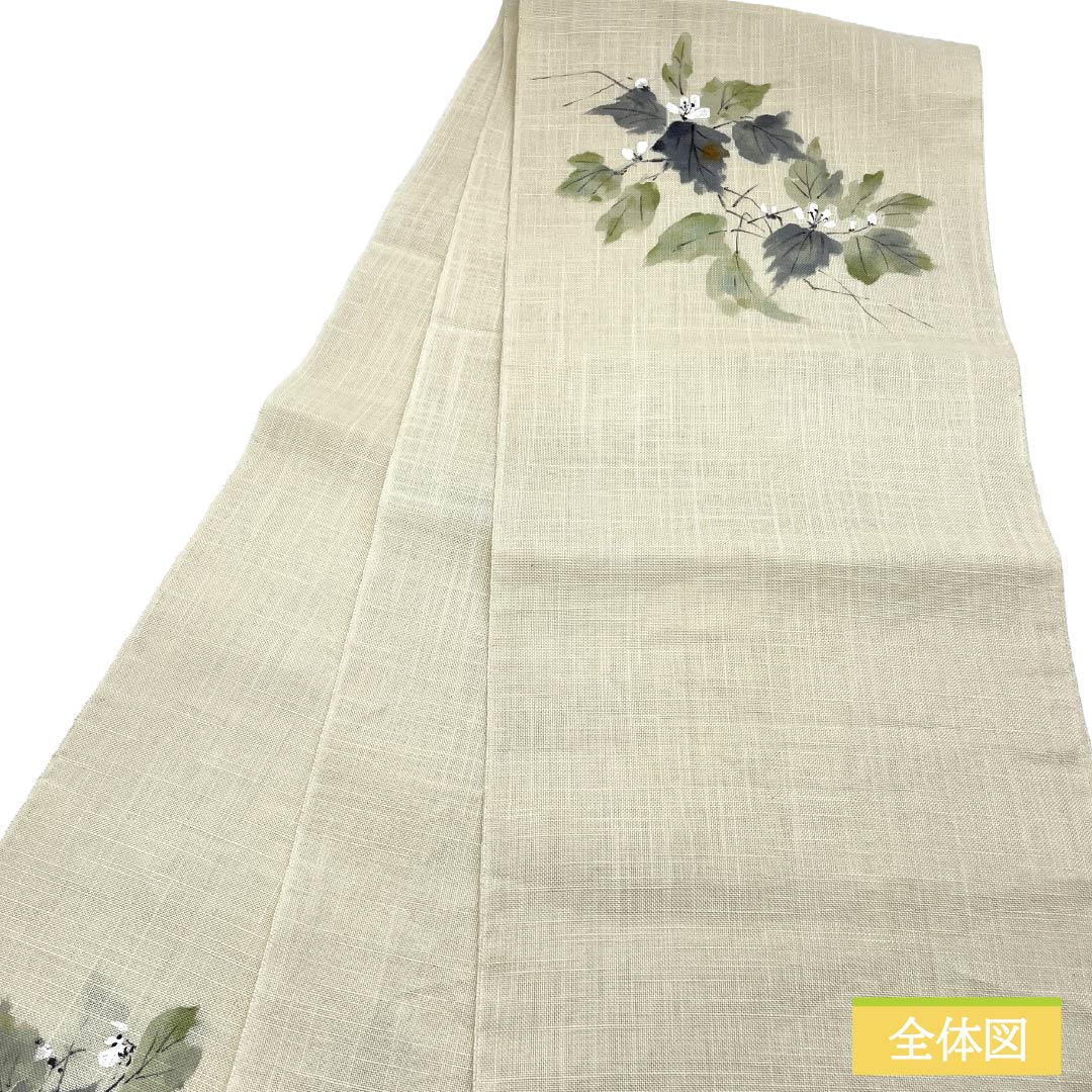 名古屋帯 正絹 Aランク 松葉仕立て 乳白色(にゅうはくしょく) 植物柄 夏帯 長尺 帯丈378cm ポイント柄 カジュアル 白系 1124013403311