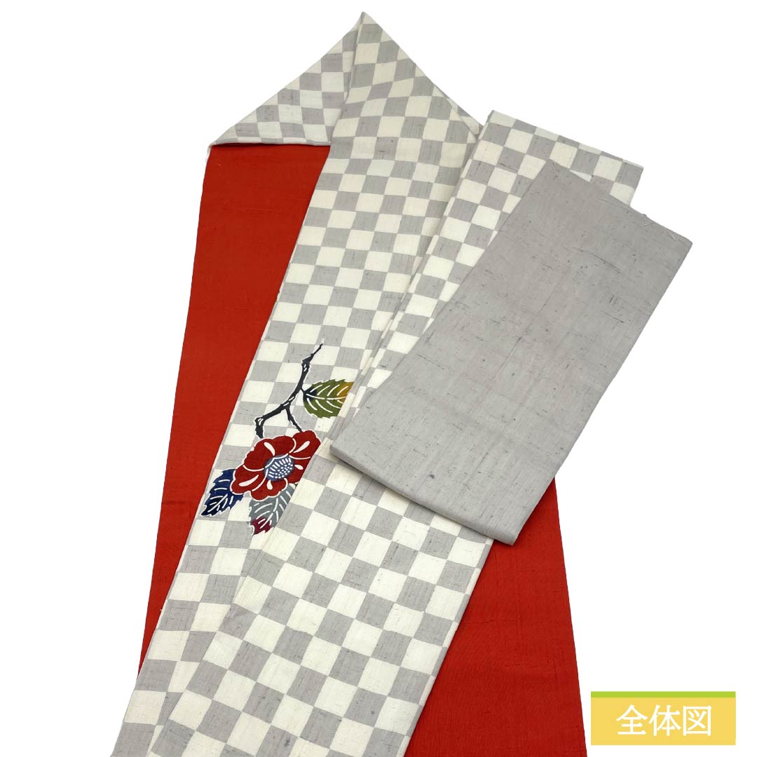 名古屋帯 正絹 Sランク 名古屋仕立て 紬地 京紅型 市松 草葉模様 帯丈363cm ポイント柄 カジュアル 白系 1124014042311