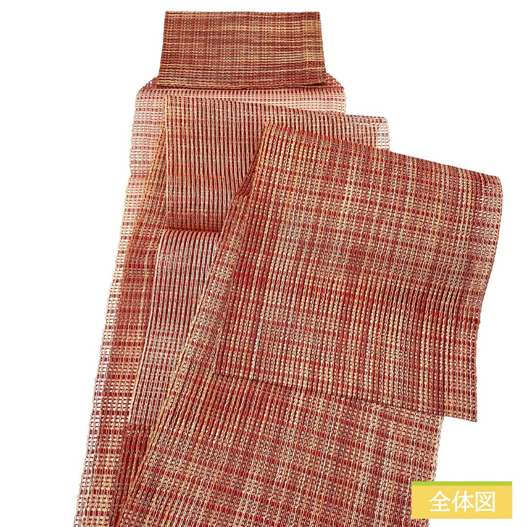 名古屋帯 正絹 Sランク 松葉仕立て 赤紅色(あかべにいろ) 夏帯 縞 トンネル仕立て 帯丈376cm 全通 カジュアル 赤系 1124012862312